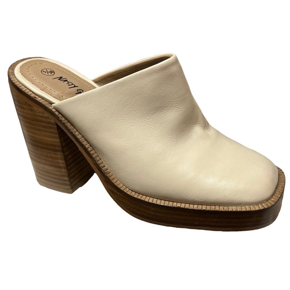 Nasty Gal Ivory Leather Chunky Wood Stacked Heel Mules - Picture 1 of 8